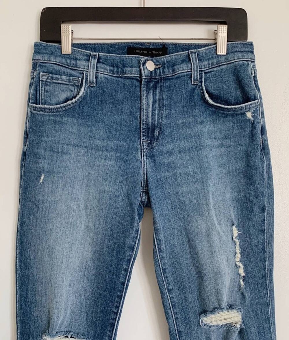 Mid Wash J Brand x Theory Johnny Distressed Mid Rise Boyfit Jeans 25
